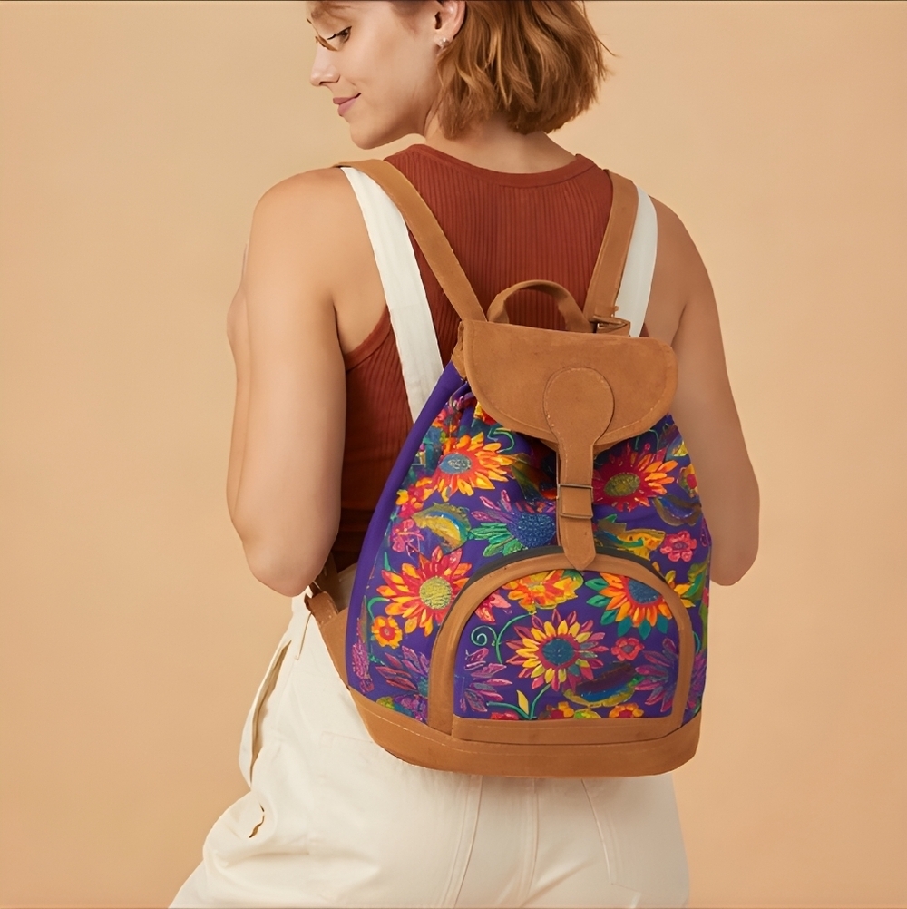 Handmade Guatemalan Canvas Embroidered Sunflower Backpack
